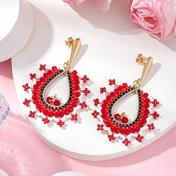 Красный Стеклянные бусины в форме капли серьги-гвоздики, 304 фурнитура для сережек-гвоздиков из нержавеющей стали для женщин, золотые, красные, 61.5x42 мм