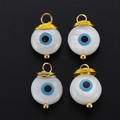 Seashell Color Freshwater Shell Pendants, with Golden Brass Findings, Flat Round with Evil Eye, Seashell Color, 14~15x9.5x4~6mm, Hole: 2~3mm