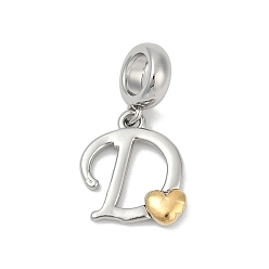 Letter D Латунные европейские подвески с подвесками, подвески в форме сердца с большими отверстиями, платиной и золотом, Буква D, 25.5~30.5 мм, отверстие : 6 мм