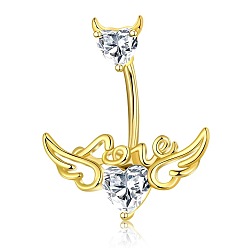 Прозрачный 304 изогнутые кольца для живота с подвеской из нержавеющей стали и кубическим цирконием, сердце с крыльями ангела, золотые, прозрачные, длина стержня: 3/8"(10мм), штифты : 1.2 мм
