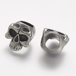 Antik Silber Farbe 304 Edelstahlkugeln, Schädel, Großloch perlen, Antik Silber Farbe, 15x14x12.5 mm, Bohrung: 8 mm