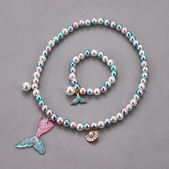 Bleu Ciel Ensembles de bracelets et de bijoux en perles synthétiques, avec pendentifs en résine en forme de queue de sirène et pendentifs en émail en alliage, forme de queue de baleine, coquille, bleu ciel, 1-5/8 pouce (4 cm), 15.7 pouce (40 cm)