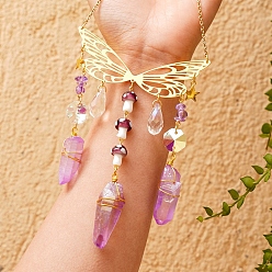 Аметист Металлические подвесные украшения в виде бабочек, Обернутые натуральные аметисты и грибы лэмпворк с кисточками в виде ловцов солнца для дома и улицы, 320 мм