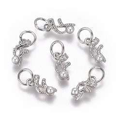 Letter F Латунь прелести, с фианитами и оболочки жемчужиной шарик, буквы, платина, прозрачные, буква f, 9.5~11x3.5~10.8x3~3.5 мм, отверстие : 3.5 мм