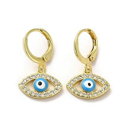 Bleu Ciel Foncé Boucles d'oreilles pendantes œil de cheval en laiton doré à fermoir à levier, avec de l'émail et de la zircone cubique, bleu profond du ciel, 23.5~24x14.5mm