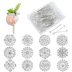 Платина Наборы для украшения вечеринки своими руками, включая бутоньерку из искусственных цветов из шелковой ткани., с металлическими стразами на лацканах и пластиковыми прямыми булавками с алмазной головкой., платина, 121~154x58.5~64.5x39~42 мм