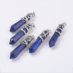 Lapis Lazuli Natural Lapis Lazuli Big Pointed Pendants, with Alloy Findings, Faceted, Bullet, Platinum, 59~63x11~12mm, Hole: 4x7mm