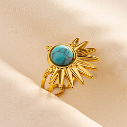 Синтетическая Бирюза Регулируемые 304 манжеты из нержавеющей стали с открытыми кольцами для женщин, солнце, с синтетическими бирюзовый, золотые, 21 мм, внутренний диаметр: 17 мм