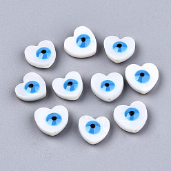 Dodger Blue Natural Freshwater Shell Beads, with Enamel, Enamelled Sequins, Heart with Evil Eye, Dodger Blue, 9.5~10.5x10~11x4.5mm, Hole: 0.8mm