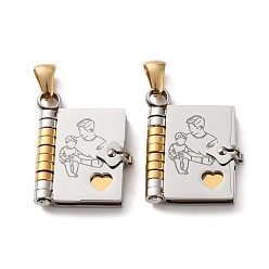 Golden & Stainless Steel Color 304 Stainless Steel Pendants, Book with Father & Child Charms, Polished, Ion Plating(IP), Golden & Stainless Steel Color, 25x18x4.5mm, Hole: 5.5x2.5mm