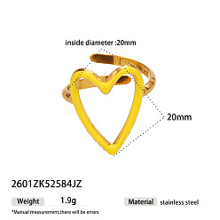 Amarillo 304 Anillos abiertos de puño de acero inoxidable, corazón, con esmalte, dorado, amarillo, 20 mm