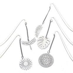 Platinum & Stainless Steel Color Alloy Hook Bookmarks, Filigree Pendant Bookmarks with Chain, Leaf/Dragonfly/Sun, Platinum & Stainless Steel Color, 84mm