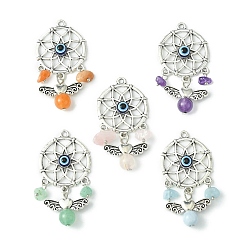 Античное Серебро Тканая паутина/сетка из сплава с большими подвесками в виде ангелов, Обереги-ангелы из натуральных смешанных драгоценных камней со сглазом, античное серебро, 52x27x5 мм, Ангел: 21x23.5x8.5 мм, отверстие : 2 мм