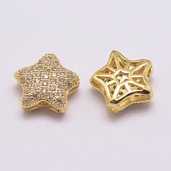 Настоящее золото 18K Латунные микро проложить класса AAA кубического циркония бусы, долговечный, без кадмия, без никеля и без свинца, звезда, полый, реальный 18 k позолоченный, 11x12x4.5 мм, отверстие : 1.5 мм