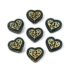 Темно-Зеленый Стеклянные бусины, сердце, золотой металл обвитыми, темно-зеленый, 15.5x17x6 мм, отверстие : 1.2 мм