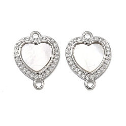 Платина Шармы-соединители из латуни с микропаве из кубического циркония, сердечные соединения с натуральной белой раковиной, долговечный, стойки покрытие, без свинца и без кадмия, платина, 19x14x3 мм, отверстие : 1.6 мм