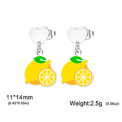 Citron 304 boucles d'oreilles en acier inoxydable, fruits, couleur inox, citron, 14x11mm
