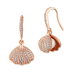 Rose Gold Brass Dangle Earrings, with Cubic Zirconia and Pearl, Shell, Rose Gold, 25.5mm, Shell: 13x9.5mm