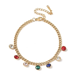Разноцветный 304 браслеты с круглыми подвесками из нержавеющей стали со стразами, браслеты из цепочек панцирного плетения для женщин, золотые, красочный, 7-1/8 дюйм (18 см)