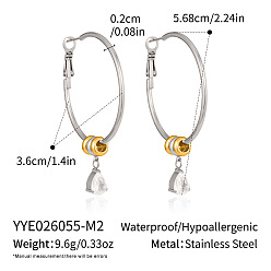 Stainless Steel Color Two Tone 304 Stainless Steel Pave Cubic Zirconia Hoop Dangle Earrings for Women, Teardrop, Stainless Steel Color, 56.8x36mm