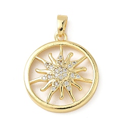 Настоящее золото 18K Латунные микро проложить кубического циркония подвески, плоские круглые с солнцем, реальный 18 k позолоченный, 22x19x4.5 мм, отверстие : 4.5x2.5 мм