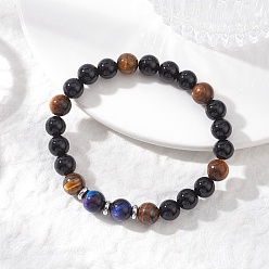 Смешанные камни Женские эластичные браслеты из бусин натурального черного оникса, тигрового глаза и радужного тигрового глаза, круглые, бусина : 8~8.5 mm, внутренний диаметр: 2-3/8 дюйм (6 см)
