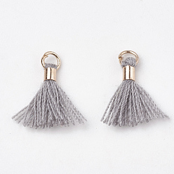 Светло-серый Кулон с кисточкой из поликоттона (полиэстер), мини-кисточка, с латунными застежками и железными кольцами, золотой свет, светло-серый, 10~15x3~4 мм, отверстие : 2 мм