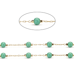 Medium Aquamarine Handmade Brass Cable Chains, with Dyed Synthetic Turquoise Beads and Spool, Soldered, Long-Lasting Plated, Round, Real 18K Gold Plated, Medium Aquamarine, 2x1x0.3mm, about 32.8 Feet(10m)/roll