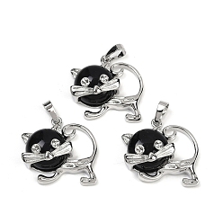 Обсидиан Кулоны из натурального обсидиана, милые латунные подвески в форме кошки, платина, долговечный, стойки покрытие, 28.5x30.5x10 мм, отверстие : 8x5 мм