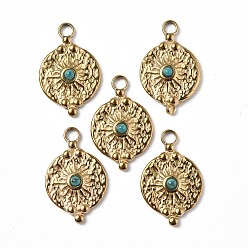 Turquoise Vacuum Plating 201 Stainless Steel Natural Turquoise Pendants, Real 18K Gold Plated, Flat Round with Sun Charms, 25x16x4mm, Hole: 3mm