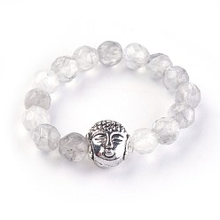 Quarz Natürliche Wolkenquarz-Stretchringe, Mit legierten buddha perlen, facettiert, Runde, Antik Silber Farbe, Größe 8, 18 mm