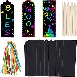 Black Bookmarks Making Kit, with Blank Paper Cards with Hole, Ribbon and Bamboo Sticks, for DIY Scratch Art Paper Magic Bookmark Gift Tags, Black, 150x50x0.2mm, Hole: 3mm