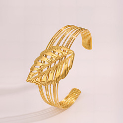 Настоящее золото 18K Браслеты-манжеты из нержавеющей стали в богемном стиле для женщин, лист, реальный 18 k позолоченный, внутренний диаметр: 2-5/8 дюйм (6.8 см)