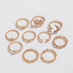 Moon Crystal Rhinestone Cuff Rings Set, Golden Alloy Stackable Rings, Moon, Inner Diameter: 16~18mm, 10pcs/set