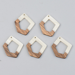 Floral White Opaque Resin & Walnut Wood Pendants, Polygon, Floral White, 35x31x3mm, Hole: 2mm