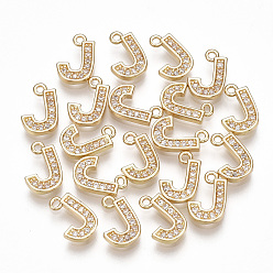 Letter J Brass Cubic Zirconia Charms, Letter, Clear, Real 18K Gold Plated, Letter.J, 10x7x1.5mm, Hole: 1mm