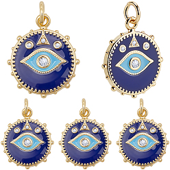 Настоящее золото 18K 12 кулоны из латуни с микрочастицами и кубическим цирконием., с прыжковыми кольцами и эмалью, плоские круглые с сглаза, реальный 18 k позолоченный, 18.5x16x2 мм, Перейти кольцо: 5x0.8 мм, отверстие : 3.5 мм