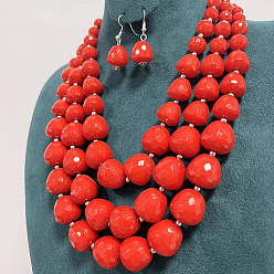 Красный Наборы из многослойных ожерелий и серег-подвесок из акрилового сплава с гранеными каплевидными бусинами, красные, 460 мм