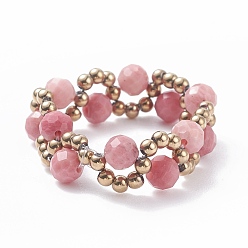 Родохрозит Кольцо на палец из плетеных бусин из натурального родохрозита и стеклянных семян, ювелирные изделия из проволоки с драгоценными камнями для женщин, внутренний диаметр: 18~22 мм