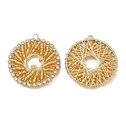 Orange Glass Seed Beads Copper Wire Wrapped Pendants, Flat Round Charms with Light Gold Plated Brass Crystal Rhinestone Frame, Orange, 28x26x5mm, Hole: 1.6mm