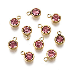 Rose Vacuum Plating 201 Stainless Steel Rhinestone Charms, Birthstone Charms, Flat Round, Real 18K Gold Plated, Rose, 8.5x6x3mm, Hole: 1.5mm