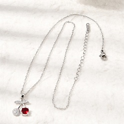 Платиновый & Цвет Нержавейки Подвеска в виде вишни из латуни с прозрачными и красными кубическими циркониями 304 цепочка из нержавеющей стали для женщин, платины и нержавеющая сталь цвет, 15.79 дюйм (40.1 см)