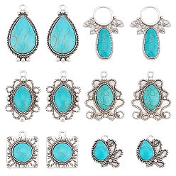 Synthetic Turquoise 12Pcs 6 Style Synthetic Turquoise Pendants, with Antique Silver Tone Alloy Findings, Mixed Shapes, 28~45x23.5~31x5.5~7mm, Hole: 3mm, 2pcs/style