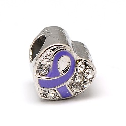 Розовато-лиловый Платиновый сплав горный хрусталь европейские бусы, бусины с большим отверстием и эмалевым символом борьбы против рака молочной железы, розовато-лиловый, 9.5x9.5x8.5 мм, отверстие : 4 мм