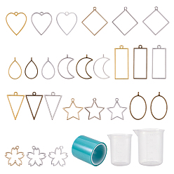 Mixed Color Rack Plating Alloy Open Back Bezel Pendants, For DIY UV Resin, Epoxy Resin, Pressed Flower Jewelry, Mixed Color, 118x72x35mm, 50pcs/box