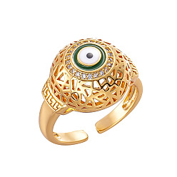 Плоский Круглый Браслет-манжета из латуни с микропаве из кубического циркония и эмалью для женщин., злые глаза, золотые, плоско-круглые, внутренний диаметр: 15~20 мм