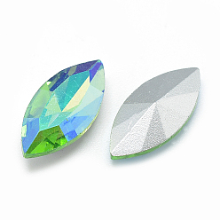 Light Green Pointed Back Glass Rhinestone Cabochons, Back Plated, Faceted, AB Color Plated, Horse Eye, Light Green, 15x7x4mm