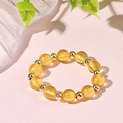 Round Natural Amber Finger Rings for Women, Adjustable Brass Stretch Rings, Round, 19mm, Bead: 5mm.