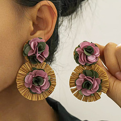 Разноцветный Богемные серьги-гвоздики из ткани и рафии, элегантные цветочные серьги для женщин, отражающие индивидуальность и темперамент, красочный, 73x47 мм
