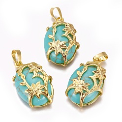 Синтетическая Бирюза Синтетические бирюзовые подвески, с фурнитурой латунной золотого тона, овальные с цветком, 32x20x9 мм, отверстие : 5x8 мм
